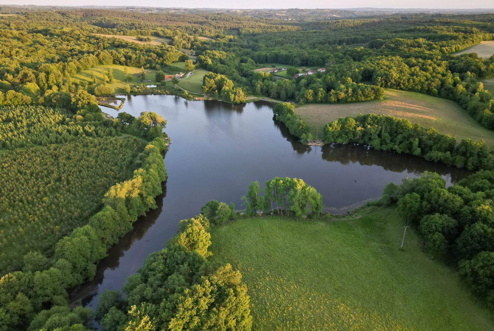 Aerial view of Villedieu Lake French carp fishing lake